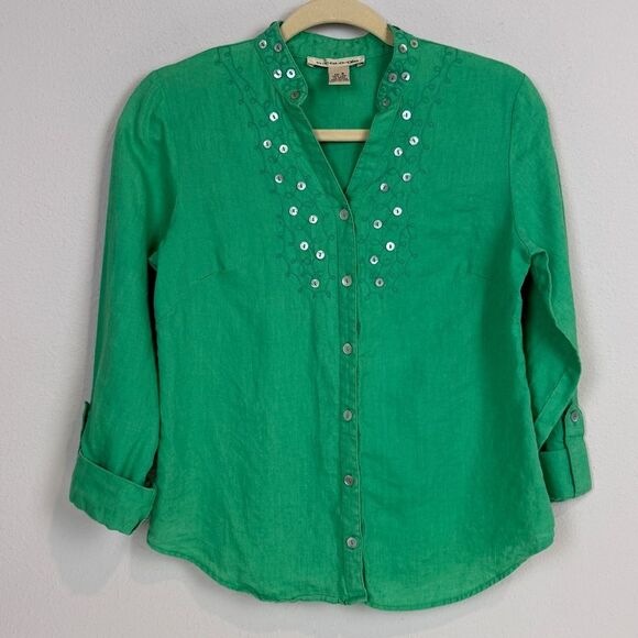 Ecologie Green Linen Embroidered Convertible Sleeve Shirt S - Picture 1 of 7